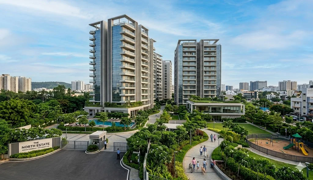 Panoramic view of a luxury integrated township in North Bangalore featuring high-rise apartments, green landscapes, and modern lifestyle amenities.